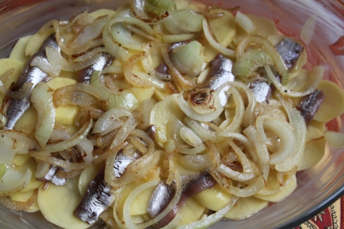 onions, anchovies, potatoes